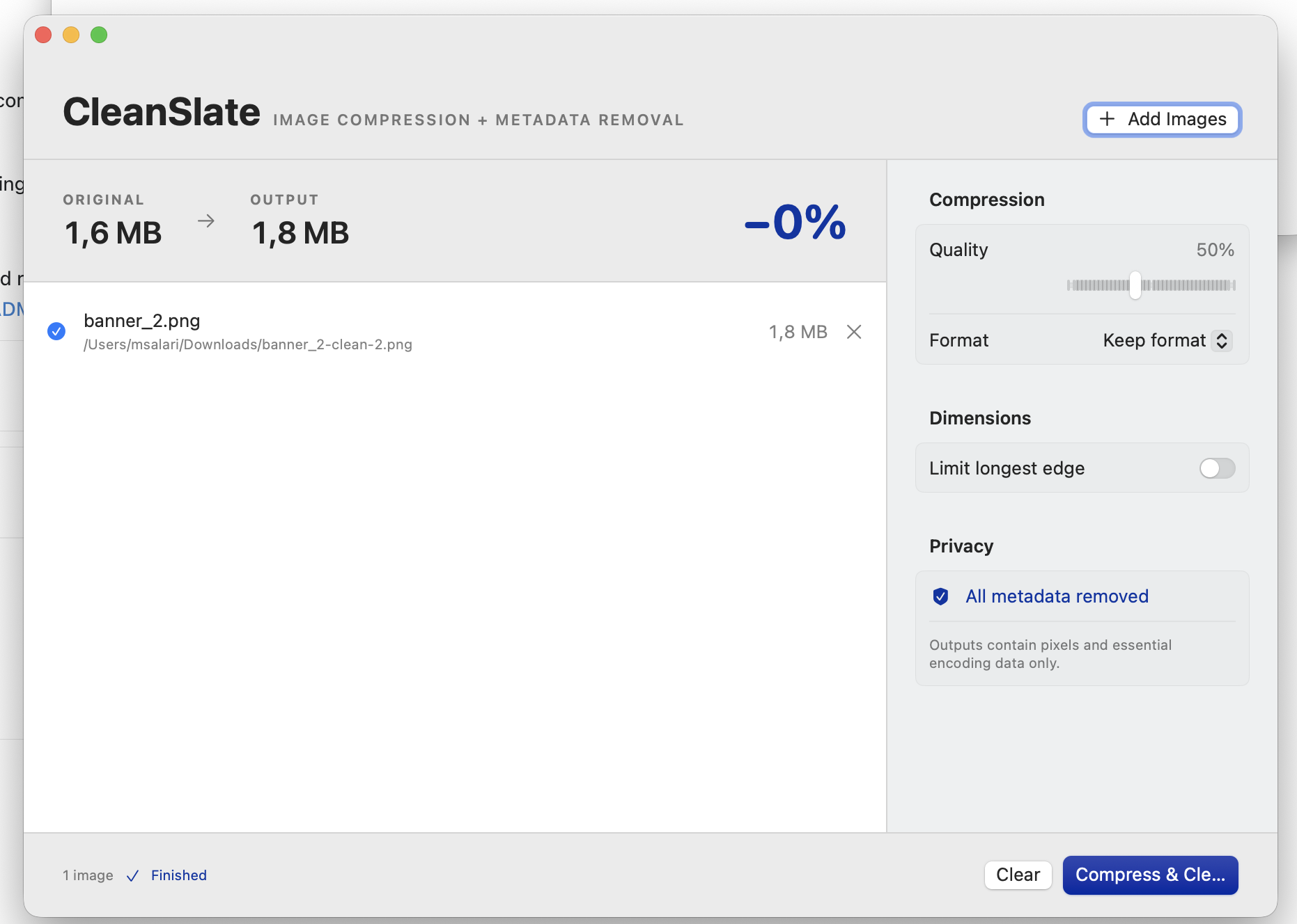 CleanSlate on macOS showing an image compressed from 1.6 MB to 1.8 MB with quality, format, resizing, and metadata controls